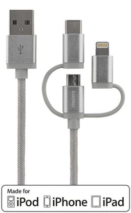 DELTACO 3in1 USB Sync/Charging,universal,USB-2.0,2.4A/12W,MFi,1m,silve