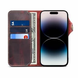Mobil lommebok 3-korts ekte lær Apple iPhone 14 Pro - Okseblod