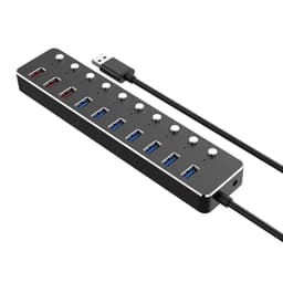 NÖRDIC 10-ports USB 3.0 hub 7 porter for data 5Gbps 3 porter for lading 2,4A individuell på av bryter 36W strømforsyning