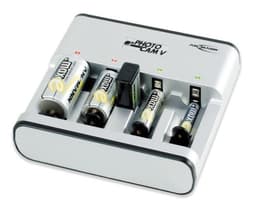 Battery charger, 5 batteries, all sizes, LED, silver