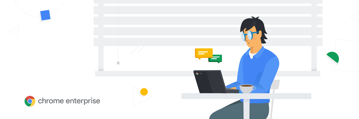 Chrome Enterprise - jobb trygt i skyen Chrome Enterprise logo og bilde av vei med to avmerkede punkter.