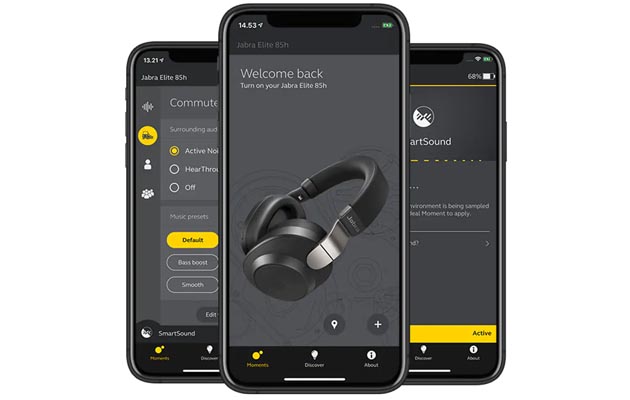 Jabra Sound+ -sovellus Kolme älypuhelinta vierekkäin, joiden näytöillä näkyy Jabra Sound+ -sovellus.