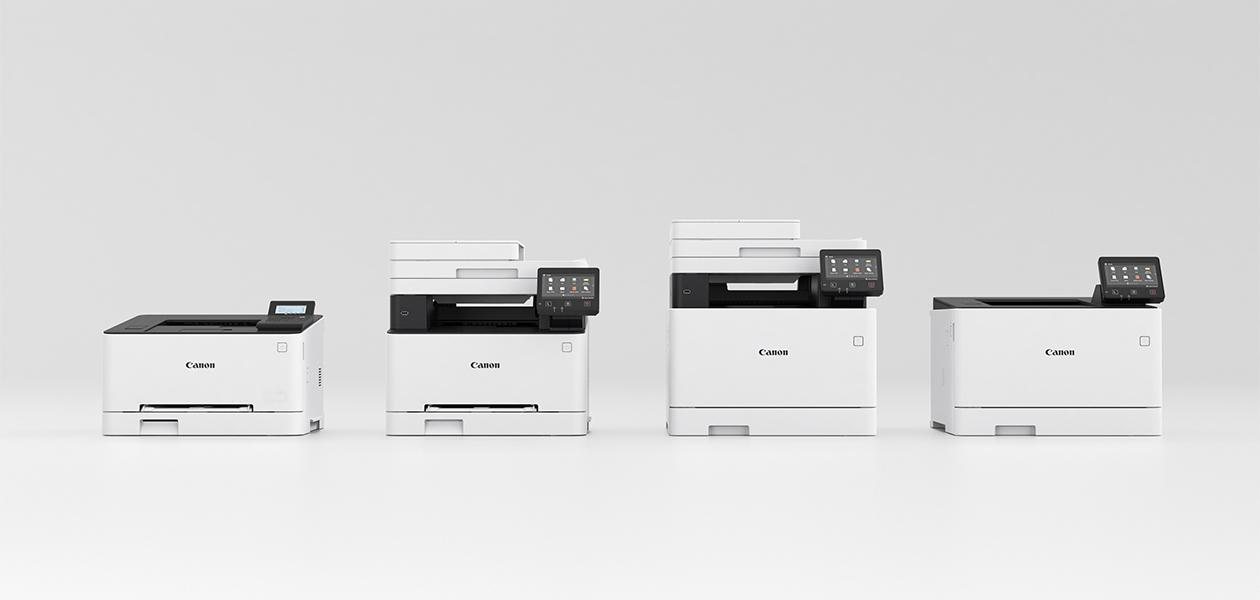 Canon i-SENSYS-tulostimet Neljä Canon i-SENSYS -tulostinta vierekkäin.