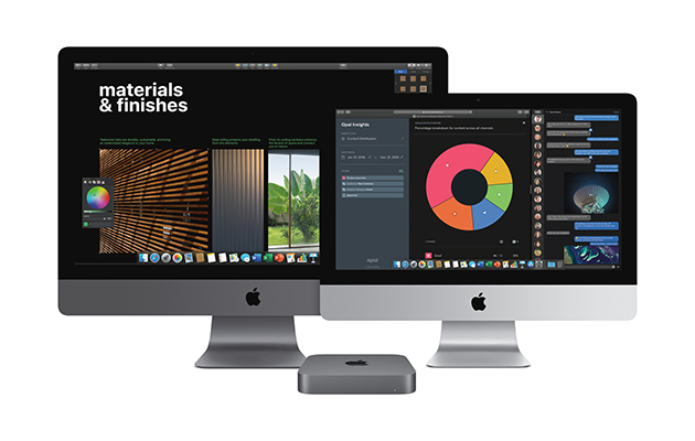 Förbättra din arbetsmiljö Två Apple-skärmar står vid sidan av varandra