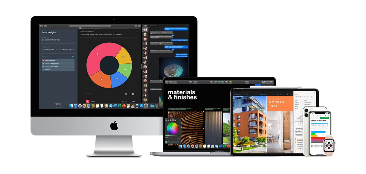 Apple Financial Services Apple-skärm, Macbook, iPad, iPhone och iWatch står vid sidan av varandra