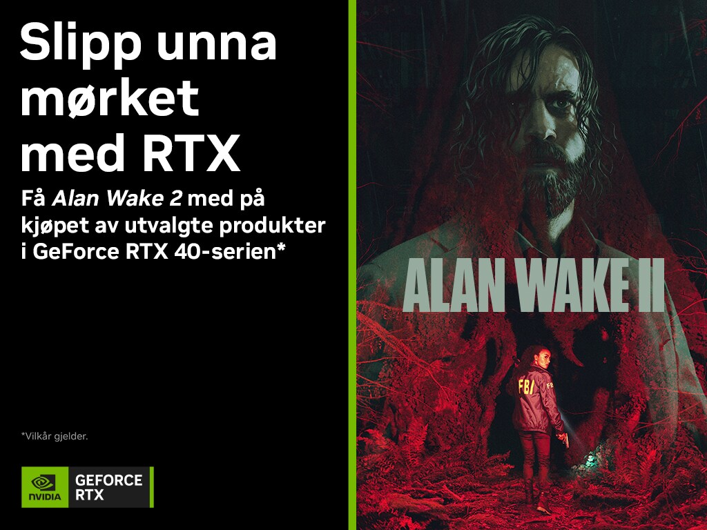 *Alan Wake II følger med på kjøpet når du installerer og registrerer kjøpet i GeForce Experience. Trykk på "Les mer" for guide til registrering.