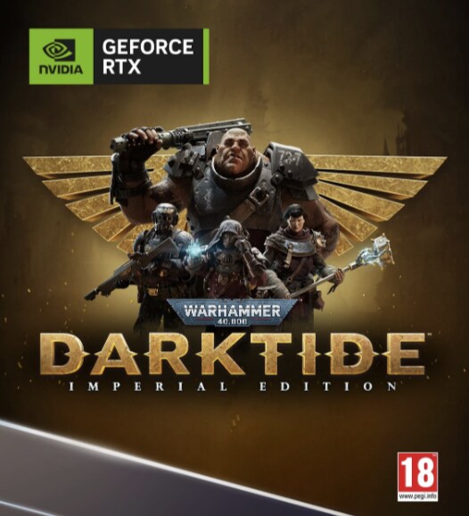 *Warhammer 40,000: Darktide – Imperial Edition følger med på kjøpet når du installerer og registrerer kjøpet i GeForce Experience. Trykk på "Les mer" for guide til registrering.