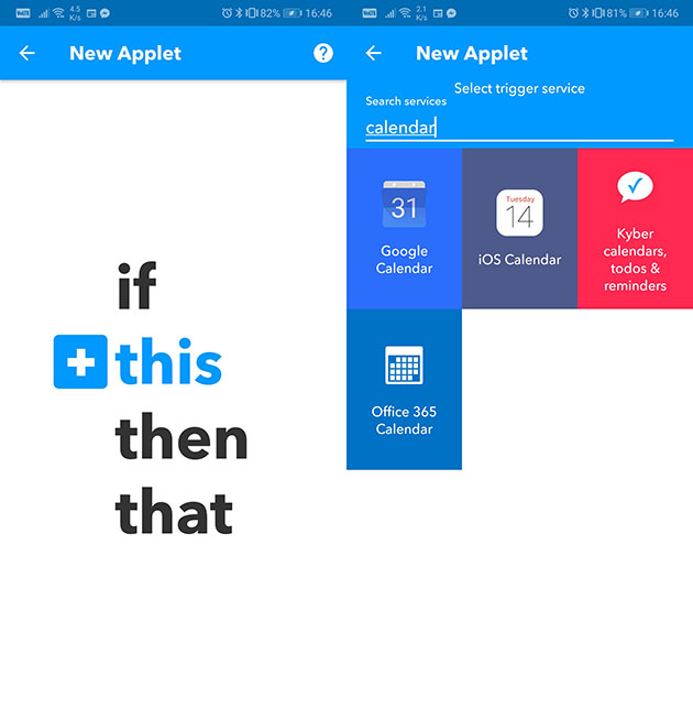 Synk kalenderen med IFTTT – Steg 1 Screenshot av IFTTT-appen som viser det første skrittet for synk av kalender