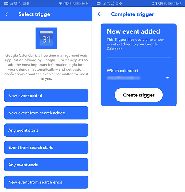 Synk kalenderen med IFTTT – Steg 2 Screenshot av IFTTT-appen som viser andre skrittet for synk av kalender