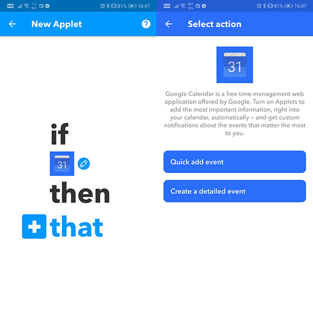 Synk kalenderen med IFTTT – Steg 3 Screenshot av IFTTT-appen som viser tredje skrittet for synk av kalender