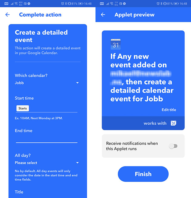 Synk kalenderen med IFTTT – Steg 4 Screenshot av IFTTT-appen som viser fjerde skrittet for synk av kalender