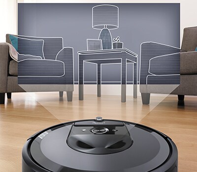 Bilde av Roomba i7+ som viser vSLAM-teknologi 