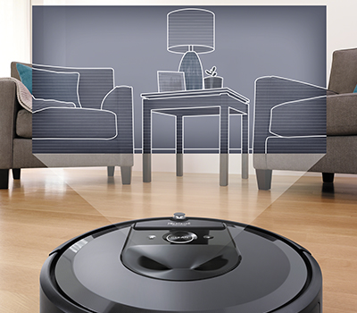 Roomba i7+ registrerer hvor den har støvsuget Bilde av Roomba i7+ som viser vSLAM-teknologi