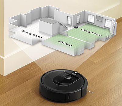Imprint™ Smart Mapping lærer Roomba i7+ å kjenne igjen hjemmet ditt Bilde av iRobot Roomba i7+ med kart over rommene i et hus