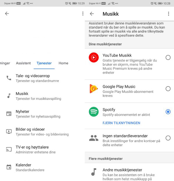 Koble musikkstrømmetjenester til Google Assistant Skjermdump av Google Home-appen med musikkstrømmingtjenester.