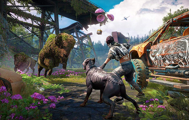 Far Cry: New Dawn Person med sort hund med påmalt skjelett