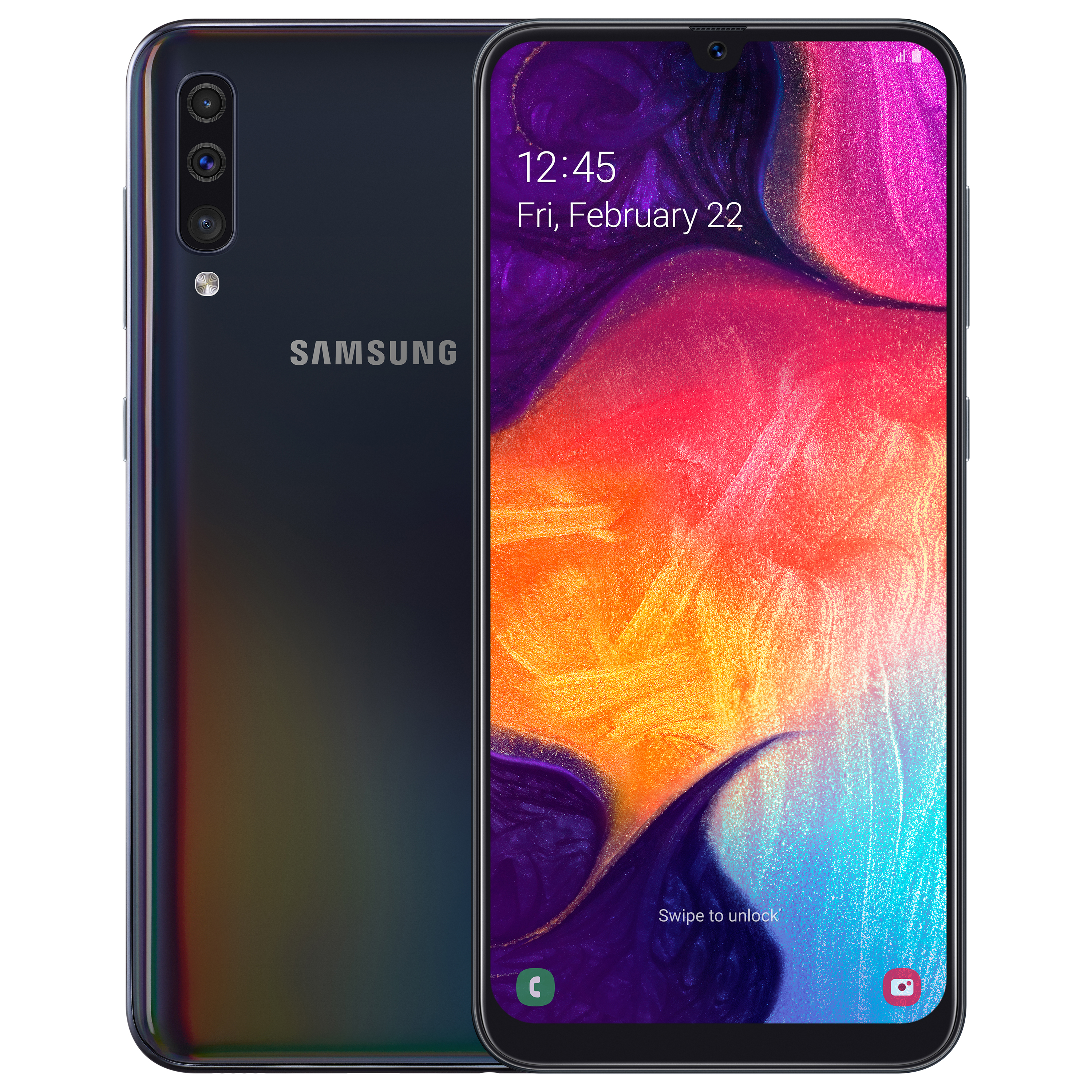 Samsung Galaxy A50 står for kamera Samsung Galaxy A50 i fargen sort
