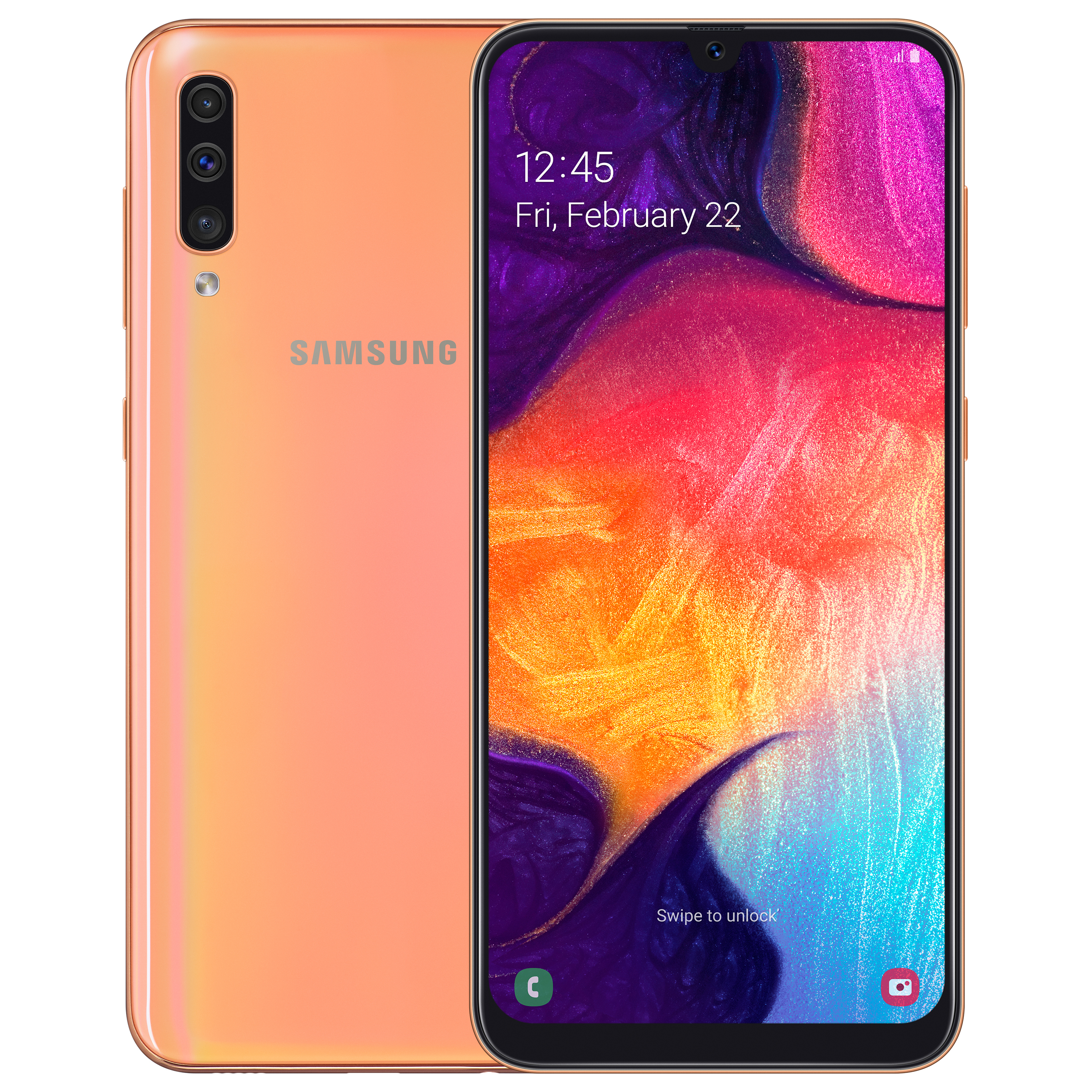 Samsung Galaxy A50 står for batteri Samsung Galaxy A50 i fargen korall