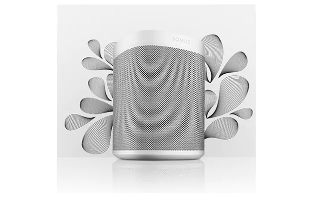 Sonos får Google Assistant-støtte snart En grå høyttaler med Sonos-logo foran en hvit og grå bakgrunn.