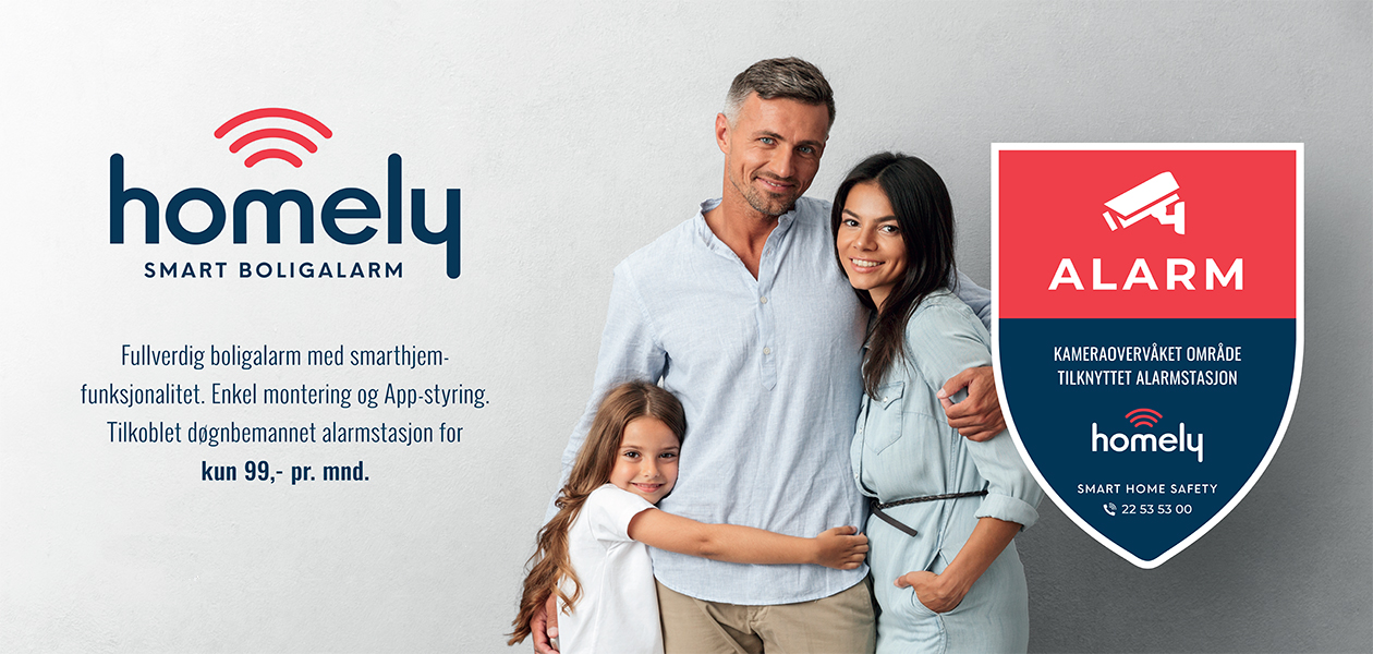 Smart boligalarm - Enkelt, sikker og rimelig Familie med Homely-logo på siden
