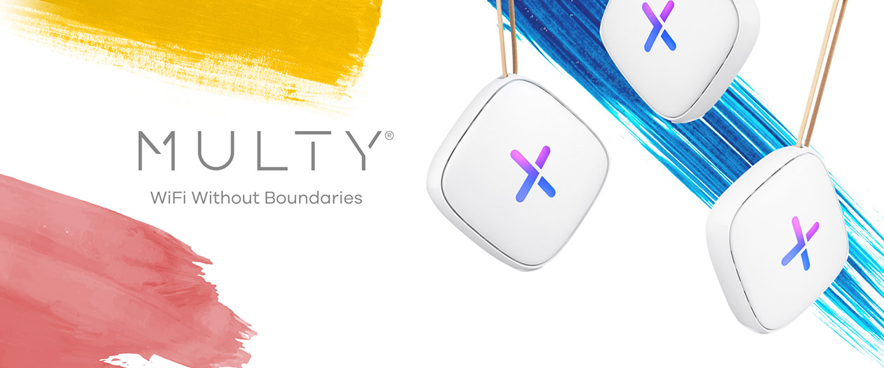 Multy U WiFi-System 3 Multy U-noder mot en fargerik bakgrunn.