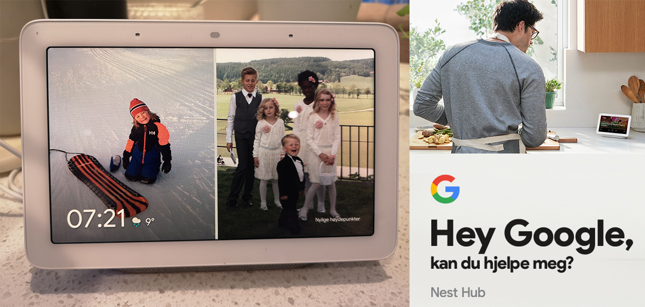 Slik viser du bildene dine på Google Nest-skjermen Gutt i snøen og bryllupskledde barn