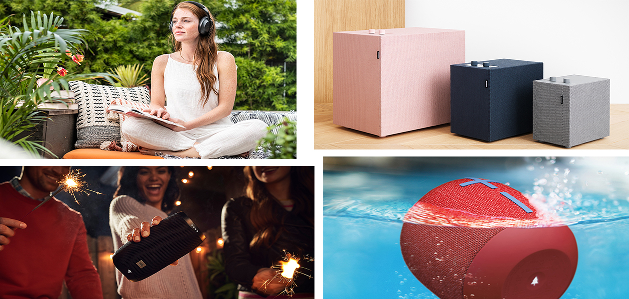 Hva er aktiv støydemping, Bluetooth, multiroom og Dolby Atmos? Firedelt bilde med kvinne med hodetelefoner og høyttalere i ulike farger