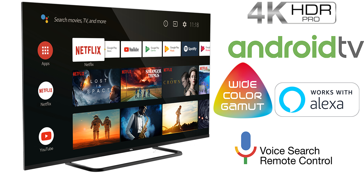 EP68-serien kombinerer et rammeløst, sylslankt metalldesign med 4K HDR PRO-bildekvalitet, Dolby Vision og Android 9.0. Menyen til EP68-serien fra TCL