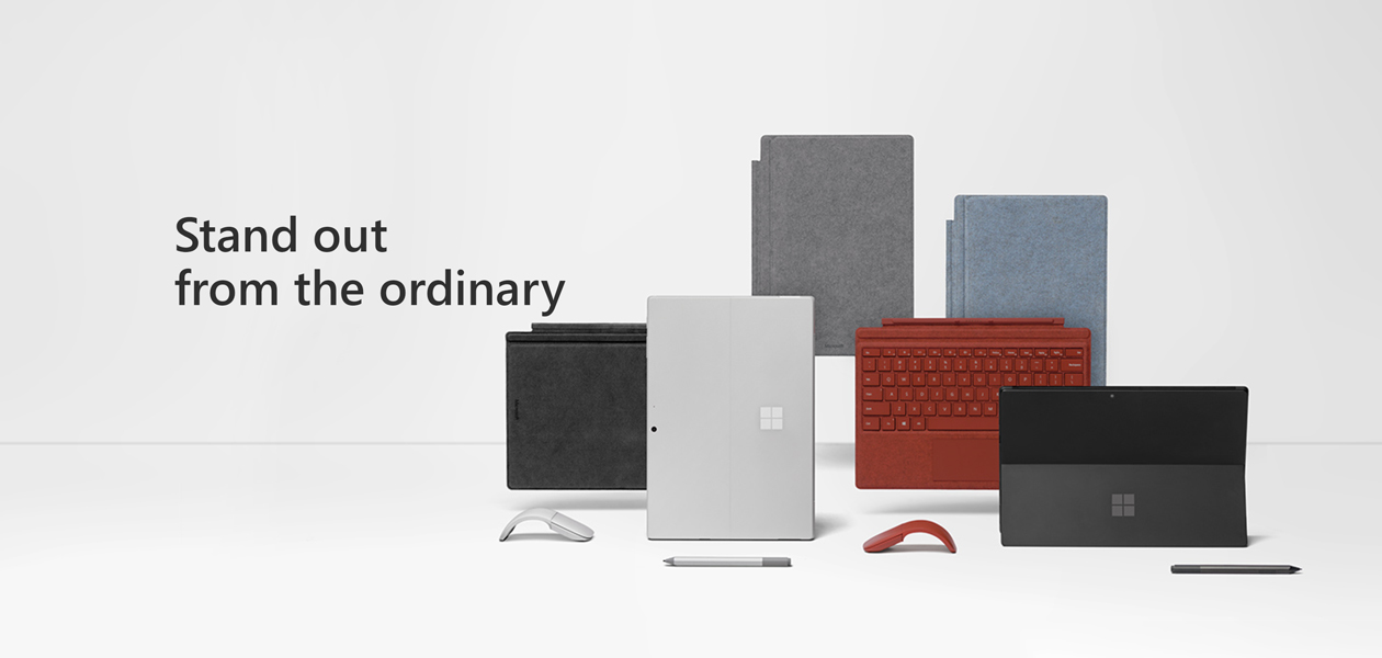 Surface Pro 7 fra Microsoft Alle Surface Pro PC-ene med tilgjengelig tilbehørsutstyr, samt teksten Stand out from the ordinary