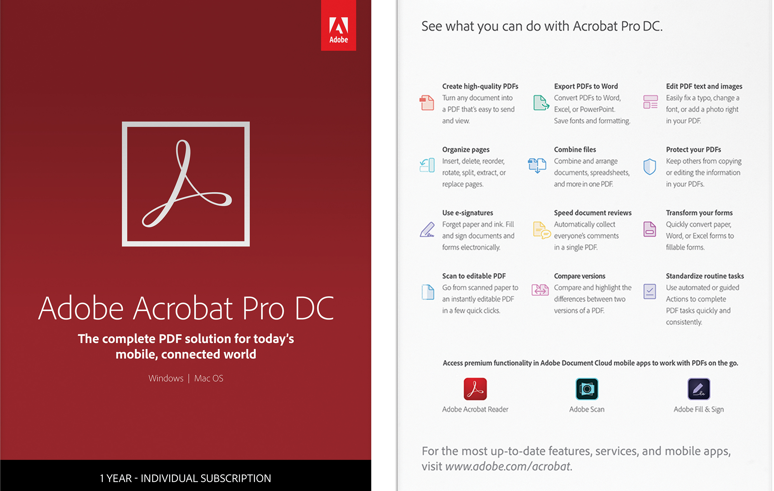 Acrobat DC Pro – Rediger og konverter PDF-filer Adobe Acrobat Pro-logo med salgsargumenter