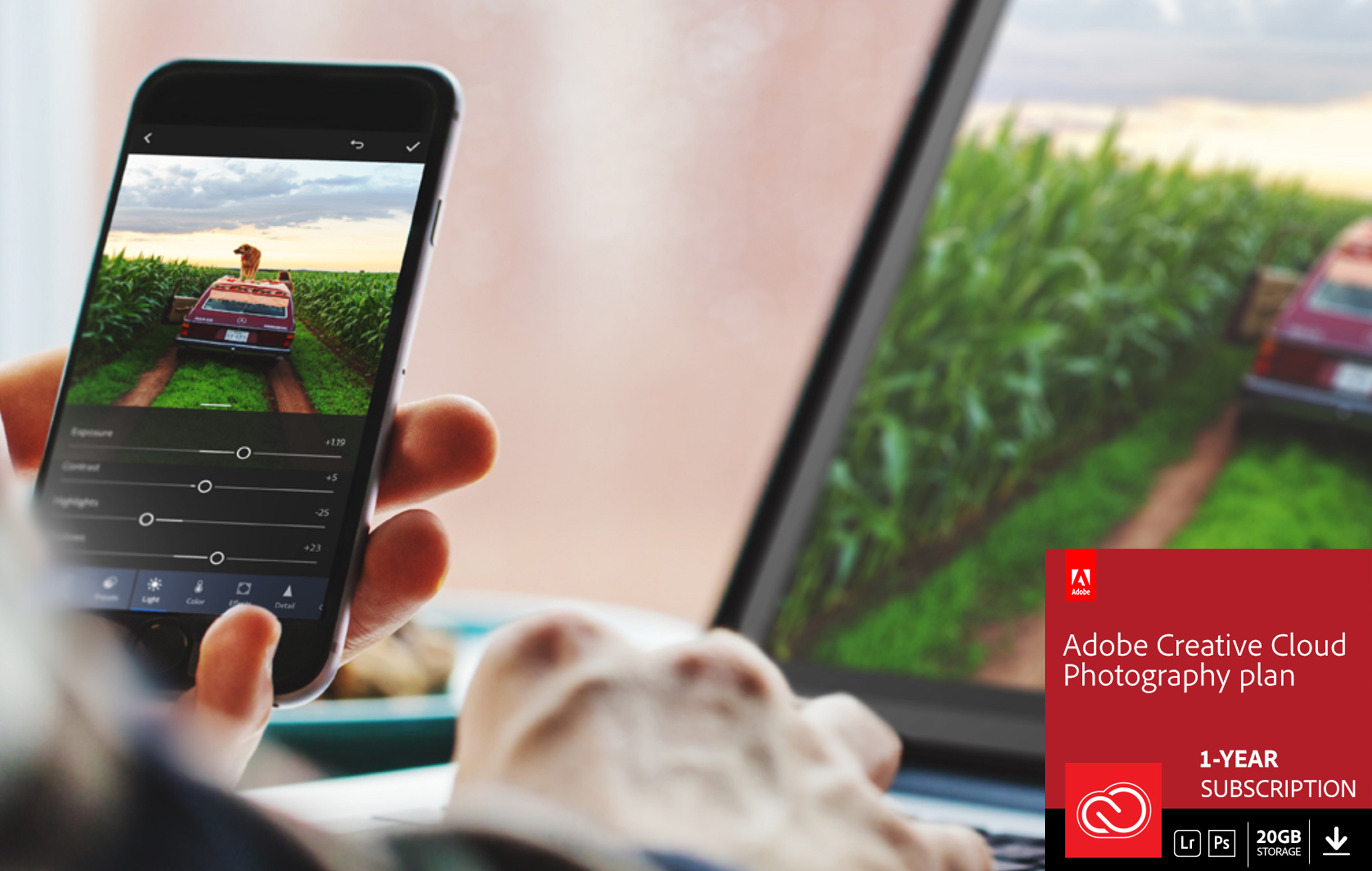 Adobe Creative Cloud er en abonnementsløsning med programmer som Lightroom og Adobe Photoshop Hund og bil på mobil, nettbrett og PC