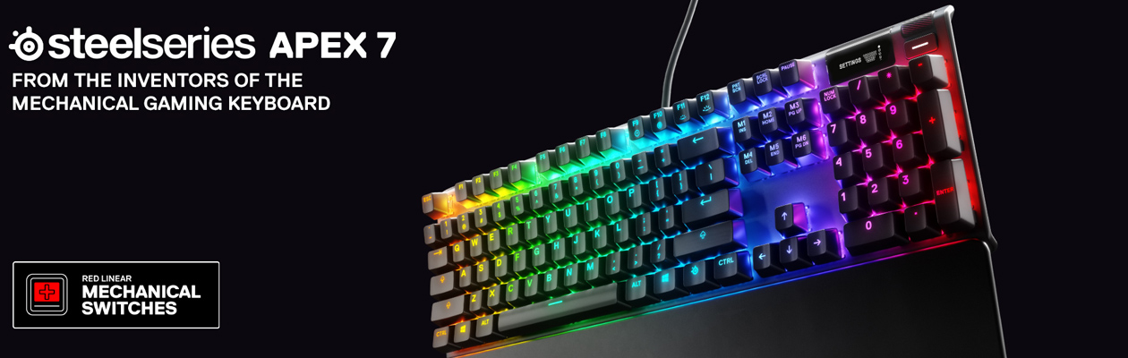 SteelSeries Apex 7 SteelSeries Apex 7 gamingtastatur på svart bakgrunn.