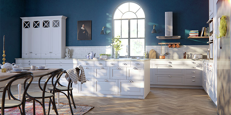 Fasett Classic White passer godt inn i alt fra herregårdsstilen til herskaplige leiligheter og sommerhuset Epoq-kjøkkenet Fasett i fargen Classic White