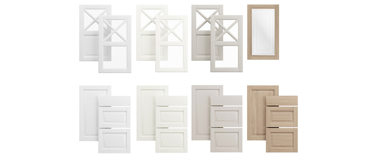 Fasett Classic White, Offwhite, Grey og Natural Oak Epoq-fronter i typen Fasett