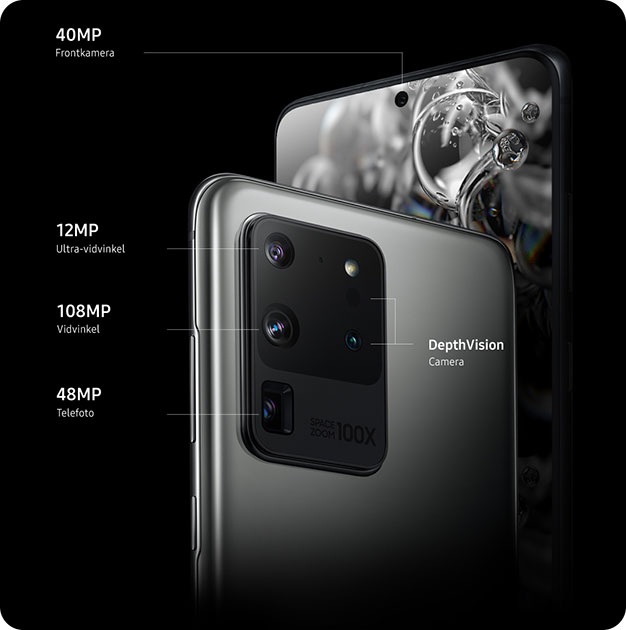 Samsungs beste kameratelefon per dags dato som sikrer bilder og film av profesjonell kvalitet Samsung Galaxy S20 Ultra i sort sett bakfra