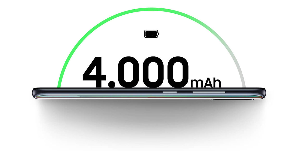 Et batteri som holder hele dagen Galaxy A51 og illustrasjon av batterier på 4.000 mAh