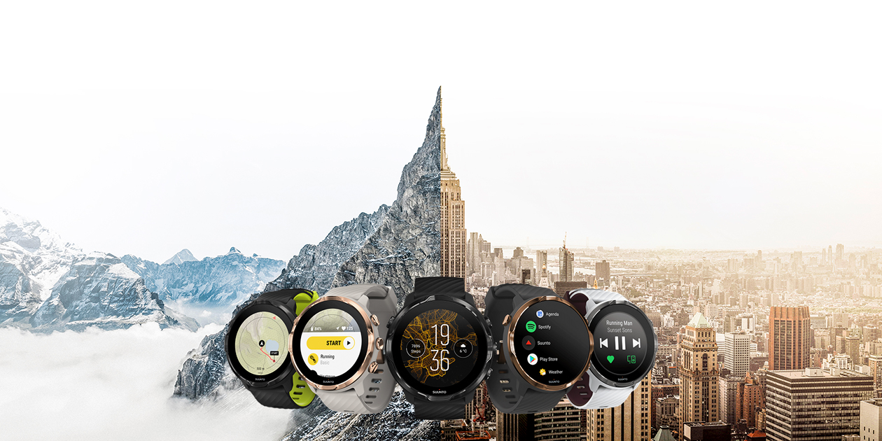 Suunto 7 - sportsklokke og smartklokke i ett. Tilpasset deg og din livsstil. Suunto 7 sportsklokke og smartklokke foran storby og fjell