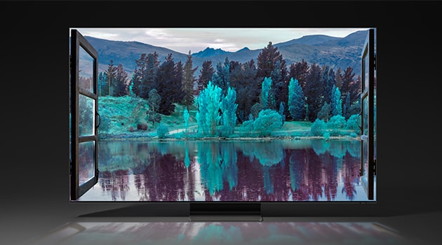  QLED-TV med inntrykk at man ser ut av et vindu rett mot et vann 