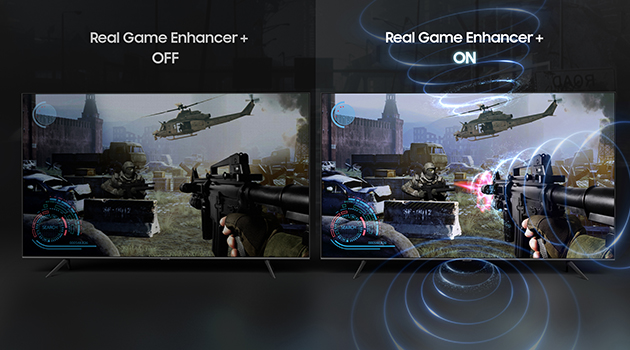 Real game enhancer+ kobler deg automatisk til en spillmodus uten merkbar forsinkelse Skytespill på to TV-er med og uten Real game enhancer+