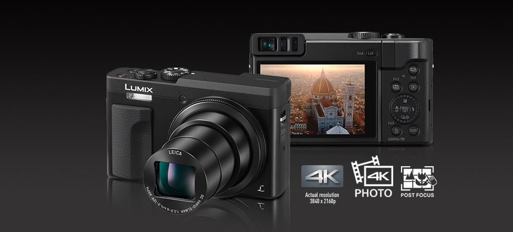 Panasonic LUMIX TZ90 To sorte TZ90, det ene vises bakfra, det andre forfra med objektivet zoomet helt ut