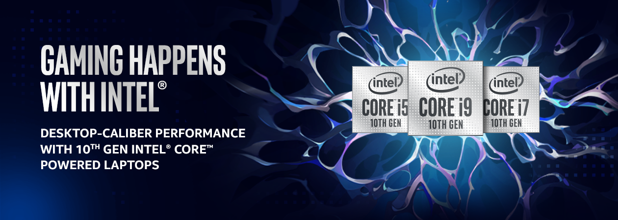 Gaming happens with Intel Intel Core i9, i7 og i5 logo ved siden av hverandre