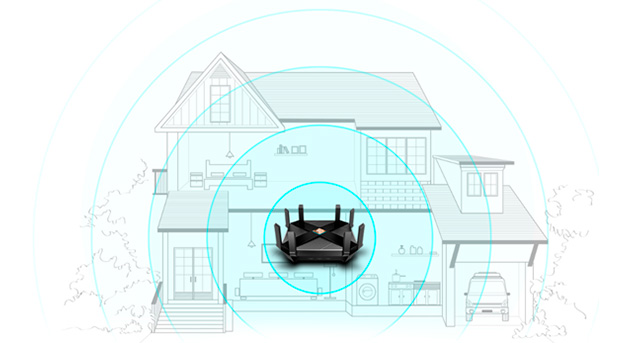 Archer AX6000 har lang rekkevidde Tegning av hus og router