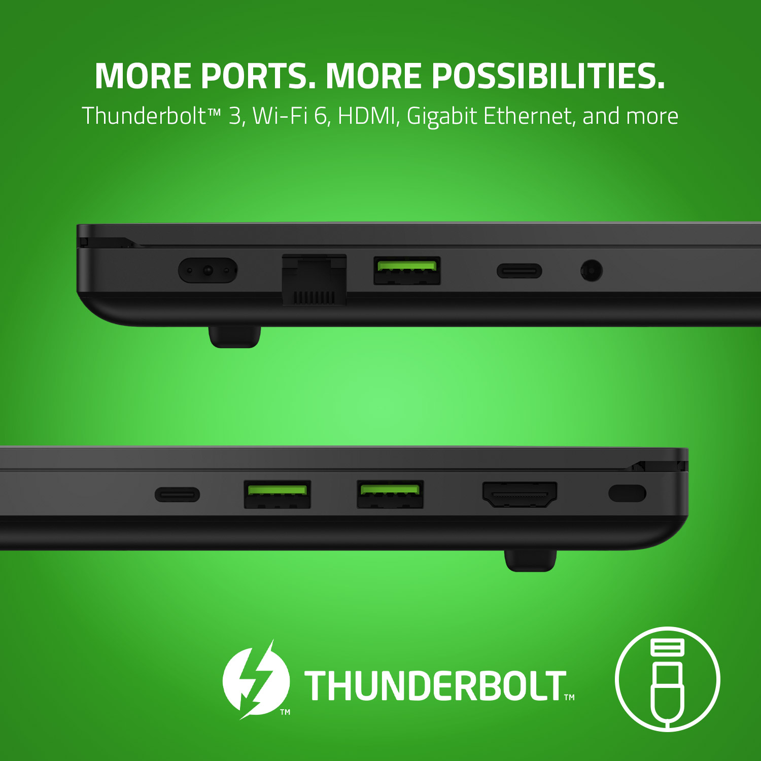 Mange tilkoblingsmuligheter, både fysiske og trådløse Thunderbolt 3, Wi-Fi 6, HDMI, Gigabit Ethernet og flere av de portene og tilkoblingsmulighetene Blade 15 har