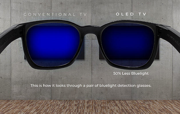 OLED-TV sender ut 50 % mindre blått lys Briller som vise forskjellen på mengden blått lys på OLED og LED-TV