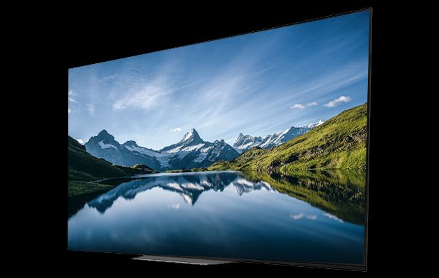 OLED er slanke med pent design OLED-TV med fjell og vann