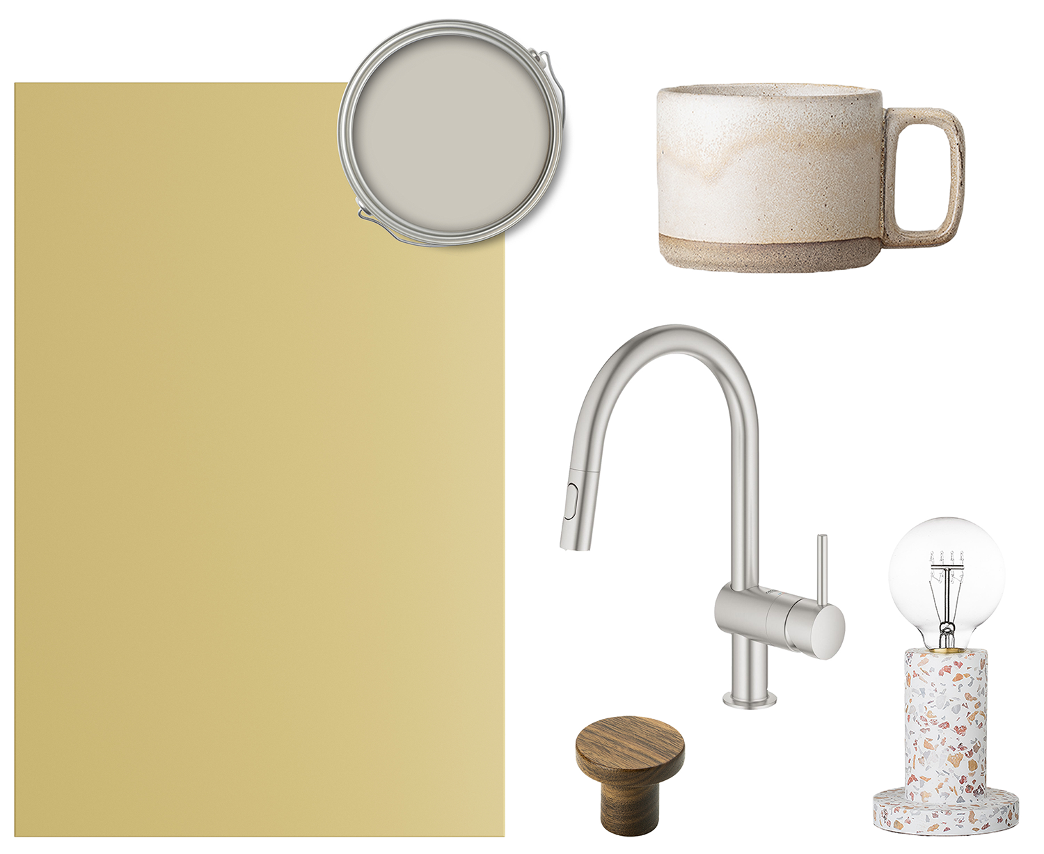 Trend Mellow er en dempet gul farge En kollasj med Trend-fronter i fargen Mellow, blandebatteri, lampe, teppe og knott