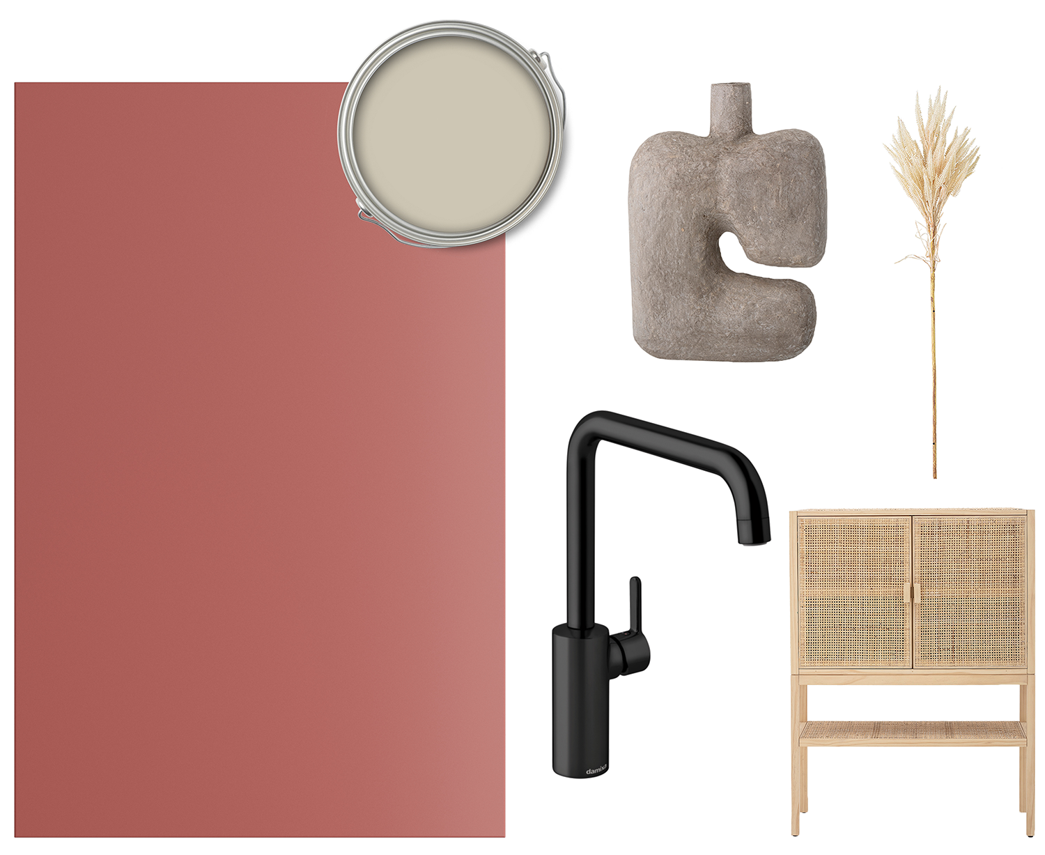 Trend Red Coral er en varm rødtone En kollasj med Trend-fronter i fargen Red Coral, blandebatteri, mappe, pampasgress og skap