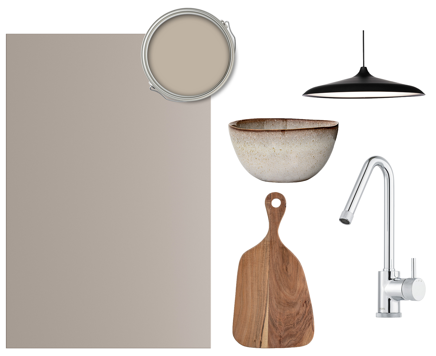 Trend Sand er en behagelig, mørk beige-tone som oser av elegant enkelhet. En kollasj med Trend-fronter i fargen Sand, blandebatteri, lampe, bolle og skjærefjøl fra Bloomingville