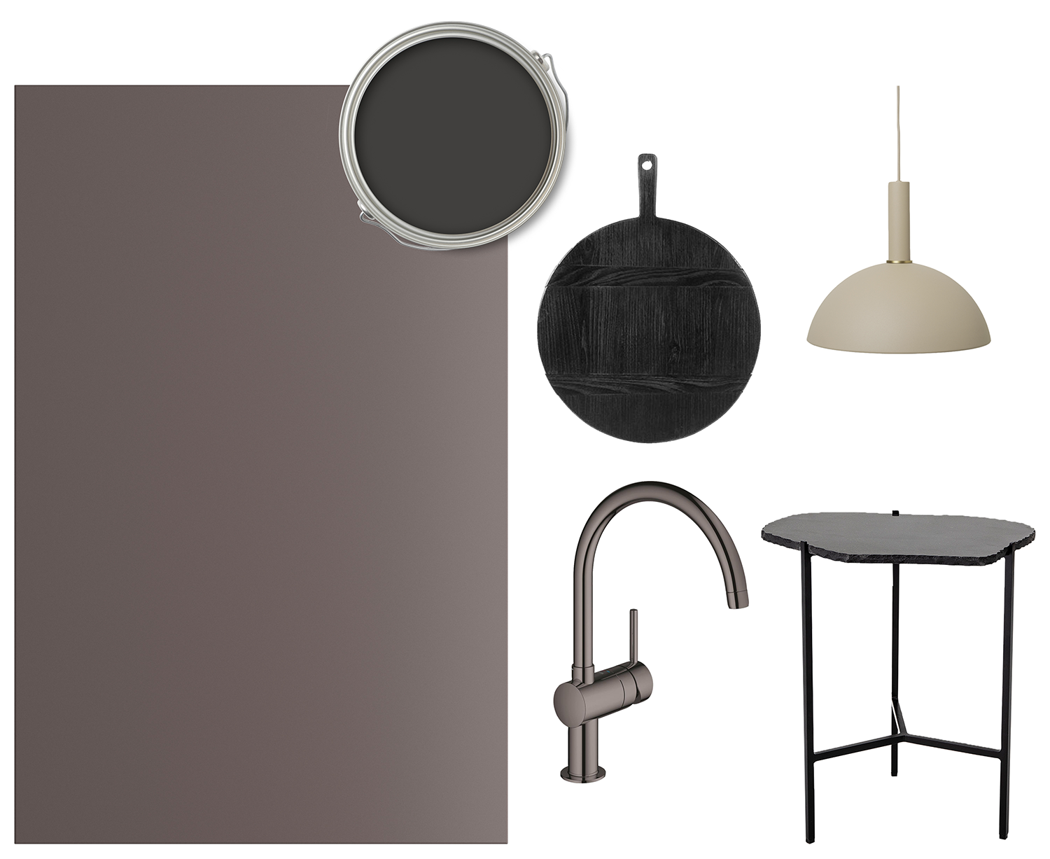 Trend Umber er en dyp, mørk bruntone En kollasj med Trend-fronter i fargen Umber, blandebatteri, lampe, skjærefjøl og bord