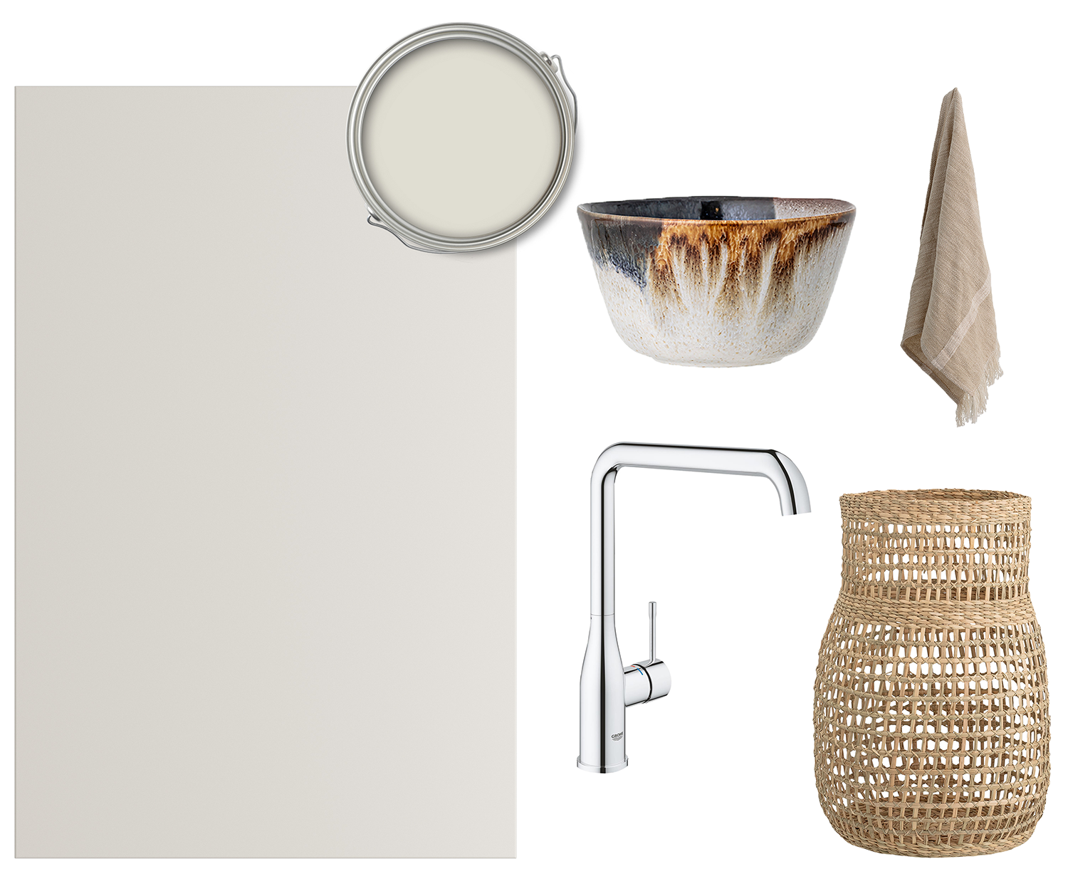 Trend Warm White gir en lys og delikat look En kollasj av Trend-fronter i Warm White, blandebatteri, kurv, håndkle og en keramikk-krukke.